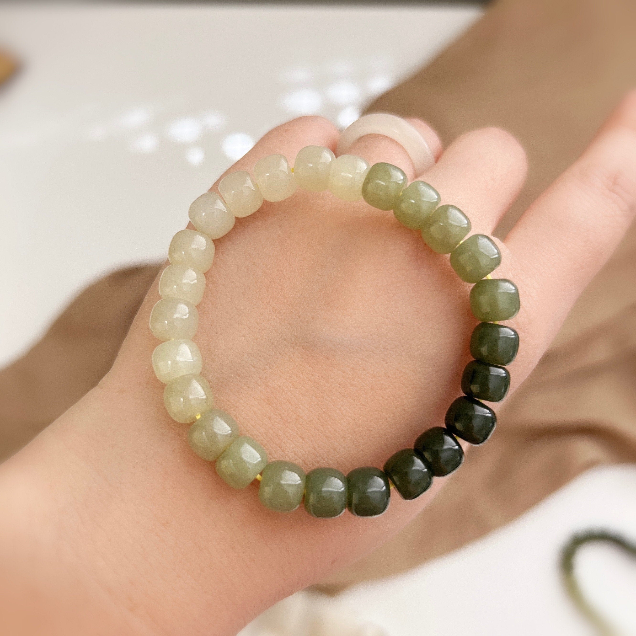 Amazon.com: jade bracelet for women ，beaded bracelets ，6 * 9mm natural jade  beads,brass plated 18k gold spacer beads,DIY Stretch Bracelet with 6.5-8  inch hand circumference,gifts for girlfriend. (Emerald green) : Handmade  Products